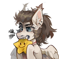 Size: 2500x2500 | Tagged: safe, artist:mepty, oc, oc only, oc:dima, pegasus, pony, biting, colored eartips, cross-popping veins, ear tufts, emanata, high res, simple background, solo, stars, teeth, white background