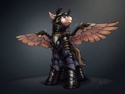 Size: 2048x1536 | Tagged: safe, artist:helmie-art, oc, oc:dima, pegasus, pony, armor, cavalier, crossover, female, guard, helmet, nilfgaard, plate armor, simple background, soldier, solo, the witcher, the witcher 3, wings, witcher
