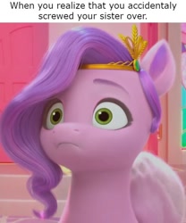Size: 534x642 | Tagged: safe, edit, edited screencap, screencap, pipp petals, pegasus, pony, g5, izzy does it, my little pony: make your mark, my little pony: make your mark chapter 2, spoiler:my little pony: make your mark, spoiler:my little pony: make your mark chapter 2, spoiler:mymc02e01, :<, caption, diadem, female, frown, headband, implied zipp storm, jewelry, mare, meme, misspelling, oops, regalia, solo, text, this will end in tears