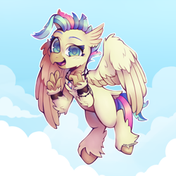 Size: 1500x1500 | Tagged: safe, artist:onionpwder, terramar, classical hippogriff, hippogriff, pony, g4, alternate hair color, bracelet, cloud, cute, dyed mane, ear piercing, earring, eyebrows, flying, jewelry, lgbt headcanon, male, necklace, older, older terramar, open mouth, piercing, pride, pride flag, raised eyebrow, sky, solo, trans male, transgender, transgender pride flag, wristband