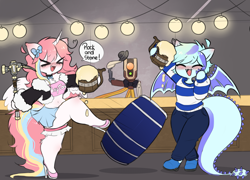 Size: 3548x2560 | Tagged: safe, artist:arwencuack, oc, oc:nekonin, oc:sky gamer, alicorn, dragon, anthro, ><, alcohol, arm hooves, barrel, beer, blushing, chibi, clothes, commission, crossdressing, deep rock galactic, drunk, duo focus, eyes closed, femboy, garter, high heels, high res, kicking, male, pickaxe, shoes, sketch, skirt