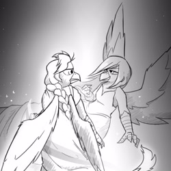 Size: 3000x3000 | Tagged: safe, artist:captainhoers, oc, oc only, griffon, braid, clothes, dress, duo, frown, grayscale, griffon oc, grin, high res, long hair, looking at each other, looking at someone, monochrome, smiling