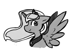 Size: 1251x854 | Tagged: safe, artist:zutcha, princess luna, alicorn, pony, g4, female, grayscale, looking at you, mare, monochrome, profile, simple background, smiling, smiling at you, solo, spread wings, white background, wings