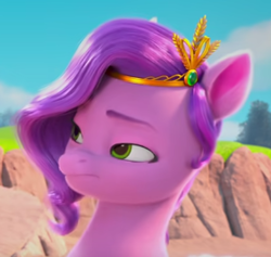 Size: 278x263 | Tagged: safe, pipp petals, pegasus, pony, g5, my little pony: make your mark, my little pony: make your mark chapter 2, portrait of a princess, spoiler:my little pony: make your mark, spoiler:my little pony: make your mark chapter 2, spoiler:mymc02e03, diadem, female, frown, headband, jewelry, mare, pipp petals is not amused, regalia, solo, unamused