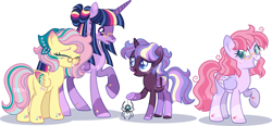 Size: 1280x594 | Tagged: safe, artist:zemmalouz, fluttershy, twilight sparkle, oc, oc:dappled light, oc:serene lullaby, alicorn, pegasus, pony, spider, star spider, g4, base used, family, female, glasses, lesbian, magical lesbian spawn, mare, offspring, older, older fluttershy, older twilight, parent:fluttershy, parent:twilight sparkle, parents:twishy, ship:twishy, shipping, simple background, transparent background, twilight sparkle (alicorn), ultimate twilight