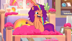 Size: 2048x1152 | Tagged: safe, screencap, sunny starscout, earth pony, pony, alicorn issues, g5, my little pony: tell your tale, spoiler:g5, spoiler:my little pony: tell your tale, spoiler:tyts01e14, bed, bed mane, female, glitter, mane stripe sunny, mare, messy mane, messy mane sunny starscout, one eye closed, open mouth, solo