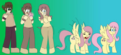 Size: 1322x605 | Tagged: safe, artist:bersie1119, fluttershy, butterfly, human, pegasus, pony, g4, female, gradient background, human male, human to pony, male, male to female, mare, no pupils, raised hoof, spread wings, transformation, transformation sequence, transgender transformation, wings