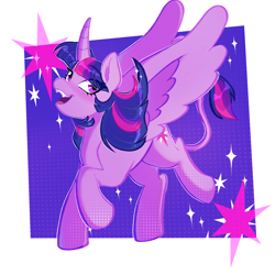 Size: 3000x3000 | Tagged: safe, artist:starsbursts, twilight sparkle, alicorn, pony, g4, curved horn, cute, fangs, female, high res, horn, leonine tail, mare, open mouth, raised hoof, raised leg, solo, tail, twiabetes, twilight sparkle (alicorn)