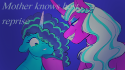 Size: 2560x1440 | Tagged: safe, artist:starsbursts, misty brightdawn, opaline arcana, alicorn, pony, unicorn, g5, blue background, crossover, duo, evil smile, eyeshadow, female, freckles, grin, hoof on chin, makeup, mare, markings, mother knows best, parody, simple background, smiling, tangled (disney), unshorn fetlocks