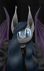 Size: 791x1280 | Tagged: safe, artist:darkhestur, oc, oc:dark, bat pony, anthro, anthro oc, bat pony oc, black background, clothes, fangs, jacket, jewelry, leather, leather jacket, looking at you, pendant, selfie, simple background, smiling