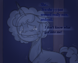 Size: 831x669 | Tagged: safe, anonymous artist, misty brightdawn, pony, unicorn, series:misty pov, g5, afro, alternate hairstyle, crying, emaciated, female, floppy ears, implied opaline arcana, jewelry, mare, misty deserves better, necklace, ribs, skinny, thin
