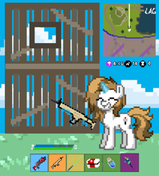 Size: 720x796 | Tagged: safe, artist:fluffymarsh, oc, oc:fluffymarsh, llama, pony, unicorn, pony town, assault rifle, building, crossover, eyes closed, female, fn scar, fortnite, glowing, glowing horn, gun, health bars, horn, life bar, lightsaber, magic, mare, medkit, mini shield, minimap, pickaxe, pixel art, potion, rainbow smash, rifle, shotgun, silly, simple background, smiling, star wars, storm, telekinesis, this will end in a victory royale, weapon