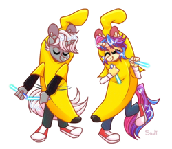 Size: 1500x1303 | Tagged: safe, artist:sadi, oc, oc only, unicorn, anthro, banana, banana costume, clothes, costume, dancing, duo, food, food costume, fruit, fruit costume, glowstick, simple background, white background