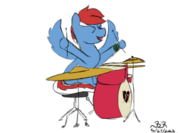 Size: 1600x1200 | Tagged: safe, artist:bifrose, oc, oc only, oc:backbeat, pegasus, pony, ><, drum kit, drumming, drums, eyes closed, musical instrument, simple background, solo, white background