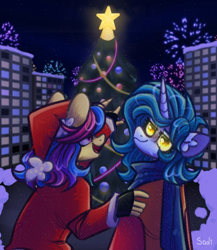 Size: 1878x2160 | Tagged: safe, artist:sadi, oc, oc only, earth pony, unicorn, anthro, building, christmas, christmas tree, clothes, duo, holiday, scarf, snow, tree