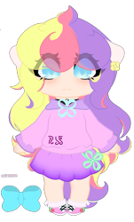 Size: 1947x3214 | Tagged: safe, artist:twilight nana, oc, oc only, oc:twilight nana, human, anthro, blue eyes, blushing, bow, clothes, eye clipping through hair, hair bow, humanized, multicolored hair, qq, simple background, solo, transparent background