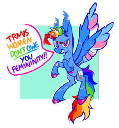 Size: 1042x1119 | Tagged: safe, artist:onionpwder, rainbow dash, pegasus, pony, g4, alternate hairstyle, comments locked down, ear piercing, earring, female, grin, jewelry, mare, mouthpiece, partially transparent background, piercing, positive message, pride, pride flag, redesign, smiling, solo, speech bubble, spread wings, trans female, trans rainbow dash, transgender, transgender pride flag, unshorn fetlocks, wings, wristband