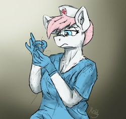Size: 1737x1638 | Tagged: safe, artist:reddthebat, nurse redheart, earth pony, anthro, g4, breasts, cleavage, clothes, female, frown, gloves, gradient background, latex, latex gloves, looking at something, mare, scrubs (gear), solo, syringe