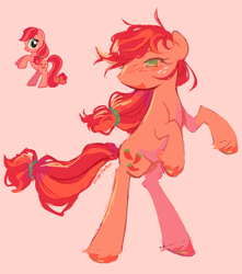 Size: 766x866 | Tagged: safe, artist:onionpwder, pepperdance, earth pony, pony, g4, freckles, pink background, rearing, reference used, simple background, solo, tied hair