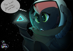 Size: 4299x3035 | Tagged: safe, artist:brainiac, oc, oc:cinder blaze, pegasus, pony, astronaut, commission, female, mare, outer wilds, outer wilds spoilers, solo, space, space helmet, spacesuit, spoilers for another series, text