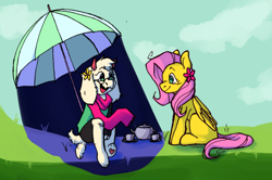 Size: 1280x848 | Tagged: safe, artist:cottageram, fluttershy, pegasus, pony, g4, crossover, deltarune, duo, flower, flower in hair, looking at each other, looking at someone, missing cutie mark, open mouth, open smile, parasol (umbrella), ralsei, sitting on person, smiling, smiling at each other