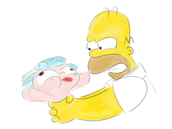 Size: 1376x1032 | Tagged: safe, anonymous artist, cozy glow, human, pegasus, pony, g4, abuse, asphyxiation, cozybuse, crossover, duo, female, filly, foal, for all this pain and torture i swear you'll pay, frown, funny face, hand, homer simpson, human and pony, male, meme, punish the villain, simple background, strangling, the simpsons, tongue out, white background, why you little