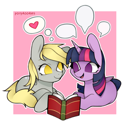 Size: 1000x1000 | Tagged: safe, artist:onionpwder, derpy hooves, twilight sparkle, alicorn, pegasus, pony, g4, book, crack shipping, cute, derpabetes, female, folded wings, heart, horn, lesbian, lying down, mare, no pupils, open mouth, open smile, passepartout, prone, reading, ship:twerpy, shipping, signature, smiling, speech bubble, tail, talking, thought bubble, twiabetes, twilight sparkle (alicorn), wings