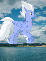 Size: 3024x4032 | Tagged: safe, artist:cloudy glow, artist:jhayarr23, artist:starryshineviolet, edit, editor:jaredking779, silverstream, sky beak, terramar, classical hippogriff, hippogriff, g4, father and child, father and daughter, father and son, feathered fetlocks, female, high res, highrise ponies, irl, jewelry, macro, male, mountain, mountain range, necklace, photo, ponies in real life, raised claw, size difference, smiling, story included