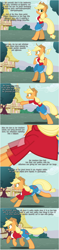 Size: 850x3593 | Tagged: safe, artist:flash equestria photography, applejack, earth pony, anthro, g4, arm hooves, bipedal, breasts, chestbreasts, clothes, comic, implied apple bloom, quadrupedal, quadrupedal chest boobs, running, shirt