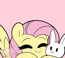 Size: 2048x1812 | Tagged: safe, artist:sakukitty, angel bunny, fluttershy, pegasus, pony, rabbit, g4, animal, cute, duo, duo male and female, eyes closed, female, male, mare, pink background, shyabetes, signature, simple background, sleeping, smiling, spread wings, watermark, wings