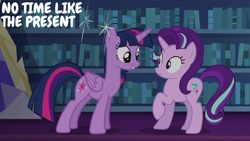 Size: 2000x1125 | Tagged: safe, edit, edited screencap, editor:quoterific, screencap, starlight glimmer, twilight sparkle, alicorn, pony, unicorn, every little thing she does, g4, duo, duo female, female, frown, grin, library, looking at each other, looking at someone, mare, raised hoof, smiling, sparkles, twilight sparkle (alicorn), twilight's castle, twilight's castle library