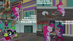 Size: 2000x1125 | Tagged: safe, edit, edited screencap, editor:quoterific, screencap, fili-second, fluttershy, mane-iac, pinkie pie, saddle rager, spike, spike the regular dog, sunset shimmer, twilight sparkle, dog, human, equestria girls, equestria girls specials, g4, my little pony equestria girls: movie magic, humdrum costume, masked matter-horn costume, power ponies