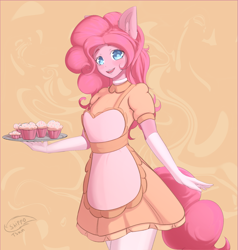 Size: 1877x1974 | Tagged: safe, alternate version, artist:shippotsun, pinkie pie, human, g4, apron, breasts, choker, clothes, cupcake, eared humanization, female, food, gloves, humanized, long gloves, open mouth, open smile, small breasts, smiling, solo, stockings, tail, tailed humanization, thigh highs, waitress