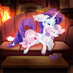 Size: 2500x2500 | Tagged: safe, artist:rurihal, rarity, sweetie belle, pony, unicorn, g4, chest fluff, couch, cup, cute, duo, duo female, ear fluff, eyes closed, female, filly, fluffy, foal, high res, indoors, mare, one eye closed, siblings, sisters, smiling, snuggling, table, unshorn fetlocks, wholesome