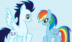 Size: 400x234 | Tagged: safe, artist:gol5denlion, rainbow dash, soarin', pegasus, pony, g4, blushing, female, looking at each other, looking at someone, male, mare, ship:soarindash, shipping, simple background, smiling, smiling at each other, stallion, straight
