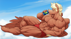 Size: 2269x1275 | Tagged: safe, artist:ponyanony, oc, oc only, oc:flex, pegasus, anthro, unguligrade anthro, abs, anthro oc, biceps, bodybuilder, clothes, cloud, deltoids, drink, lying down, lying on a cloud, male, male nipples, muscles, muscular male, nipples, on a cloud, pecs, pegasus oc, red swimsuit, sitting, solo, stallion, swimsuit, thighs, thunder thighs, triceps