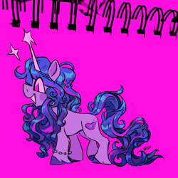 Size: 1800x1800 | Tagged: safe, artist:umbrellascribbles, izzy moonbow, pony, unicorn, g5, bracelet, color porn, concave belly, cute, full body, izzybetes, jewelry, long mane, long tail, purple background, raised leg, simple background, smiling, solo, sparkles, standing, tail, unshorn fetlocks