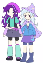 Size: 1412x2048 | Tagged: safe, artist:ruto_me, starlight glimmer, trixie, human, equestria girls, g4, clothes, duo, female, human coloration, humanized, lesbian, ship:startrix, shipping, simple background, skirt, white background