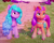 Size: 484x386 | Tagged: safe, gameloft, izzy moonbow, sunny starscout, earth pony, pony, unicorn, g5, my little pony: mane merge, bag, bracelet, coat markings, duo, duo female, female, friendship bracelet, frown, game screencap, jewelry, mane stripe sunny, mare, saddle bag, socks (coat markings), unshorn fetlocks, worried