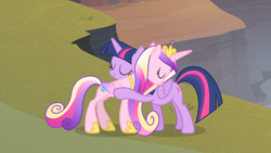 Size: 1920x1080 | Tagged: safe, screencap, princess cadance, twilight sparkle, alicorn, pony, g4, season 4, three's a crowd, 1080p, concave belly, crown, cute, cutedance, daaaaaaaaaaaw, duo, duo female, eyes closed, female, folded wings, hoof shoes, hug, jewelry, mare, outdoors, peytral, physique difference, princess shoes, regalia, sisters-in-law, slender, thin, twiabetes, twilight sparkle (alicorn), wings