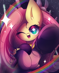 Size: 1850x2300 | Tagged: safe, artist:miryelis, fluttershy, pegasus, pony, g4, big ears, big eyes, clothes, cosplay, costume, crossover, cute, dress, high res, impossibly large ears, long hair, microphone, oshi no ko, rainbow, raised hoof, shyabetes, smiling, solo, sparkles