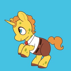 Size: 1196x1196 | Tagged: safe, artist:umbrellascribbles, pony, unicorn, blue background, clothes, male, ponified, simple background, solo, spongebob squarepants, spongebob squarepants (character)