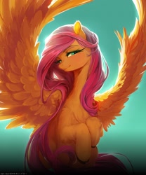 Size: 2020x2432 | Tagged: safe, artist:adoburuwawarrenyess, fluttershy, pegasus, pony, g4, backlighting, chest fluff, colored hooves, cute, female, gradient background, high res, large wings, looking at you, mare, shyabetes, solo, spread wings, wings