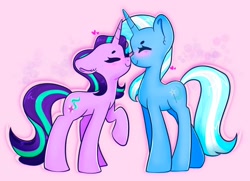 Size: 2048x1486 | Tagged: safe, artist:indigohatetrain, starlight glimmer, trixie, pony, unicorn, g4, blushing, boop, cute, duo, duo female, eyes closed, female, floppy ears, horn, lesbian, mare, noseboop, raised hoof, ship:startrix, shipping