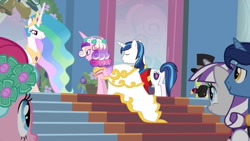 Size: 1405x793 | Tagged: safe, screencap, night light, pinkie pie, princess cadance, princess celestia, queen chrysalis, shining armor, spike, twilight velvet, alicorn, dragon, earth pony, pony, unicorn, a canterlot wedding, g4, alternate hairstyle, beautiful, bride, bridesmaid, bridesmaid pinkie, butt, canterlot, canterlot castle, clothes, cute, disguise, disguised changeling, dress, fake cadance, female, floral head wreath, flower, flower in hair, force field, gown, groom, hat, male, mare, marriage, mind control, plot, ring bearer, sash, shieldbutt, smiling, stallion, steps, suit, this day aria, top hat, tuxedo, wedding, wedding dress, wedding veil