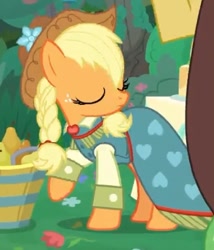 Size: 418x489 | Tagged: safe, screencap, applejack, earth pony, pony, g4, the big mac question, alternate hairstyle, applejack's country dress, braid, clothes, cropped, cute, dress, eyes closed, female, formal wear, gown, jackabetes, mare, solo, sweet apple acres, turned head