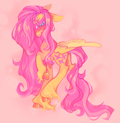 Size: 970x992 | Tagged: safe, artist:onionpwder, fluttershy, pegasus, pony, g4, alternate hairstyle, blushing, cloven hooves, cute, female, hair over one eye, mare, pink background, raised hoof, raised leg, shyabetes, simple background, solo, unshorn fetlocks