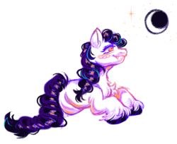 Size: 1280x1046 | Tagged: safe, artist:onionpwder, earth pony, pony, g1, batty boo, black mane, colored hooves, crescent moon, fangs, moon, orange eyes, simple background, solo, stars, unshorn fetlocks, white background, white coat