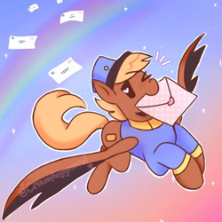 Size: 900x900 | Tagged: safe, artist:crowsplayground, swift reply, pegasus, pony, blonde, clothes, female, flying, gradient background, hat, heart, letter, mail, mare, mouth hold, one eye closed, rainbow, signature, solo, spread wings, uniform, wings, wink
