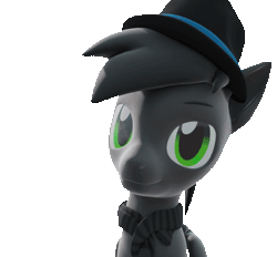 Size: 582x540 | Tagged: safe, artist:lithus, oc, oc only, oc:grayhoof, pegasus, pony, 3d, animated, blender, blender cycles, blinking, clothes, fedora, floppy ears, folded wings, gray coat, gray mane, green eyes, hat, looking at you, scarf, simple background, smiling, smiling at you, solo, sway, transparent background, wings